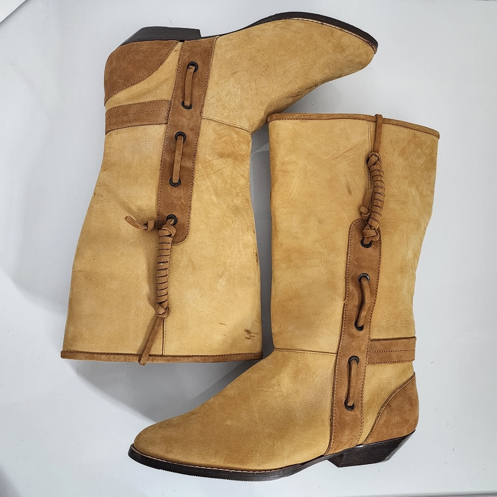 Vintage 80's Maine Woods Leather Boots Tan Low Heel Western DORADO RUN SMALL - Picture 8 of 16